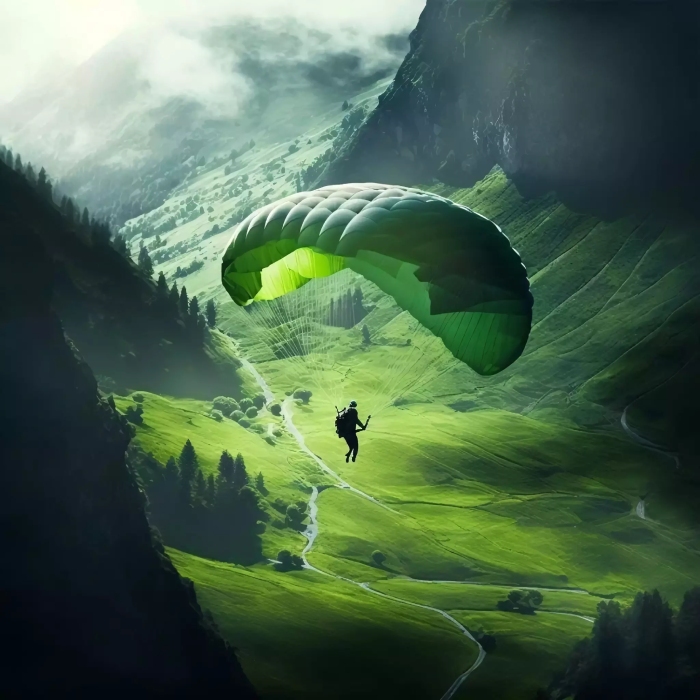 a man parachuting into a green valley